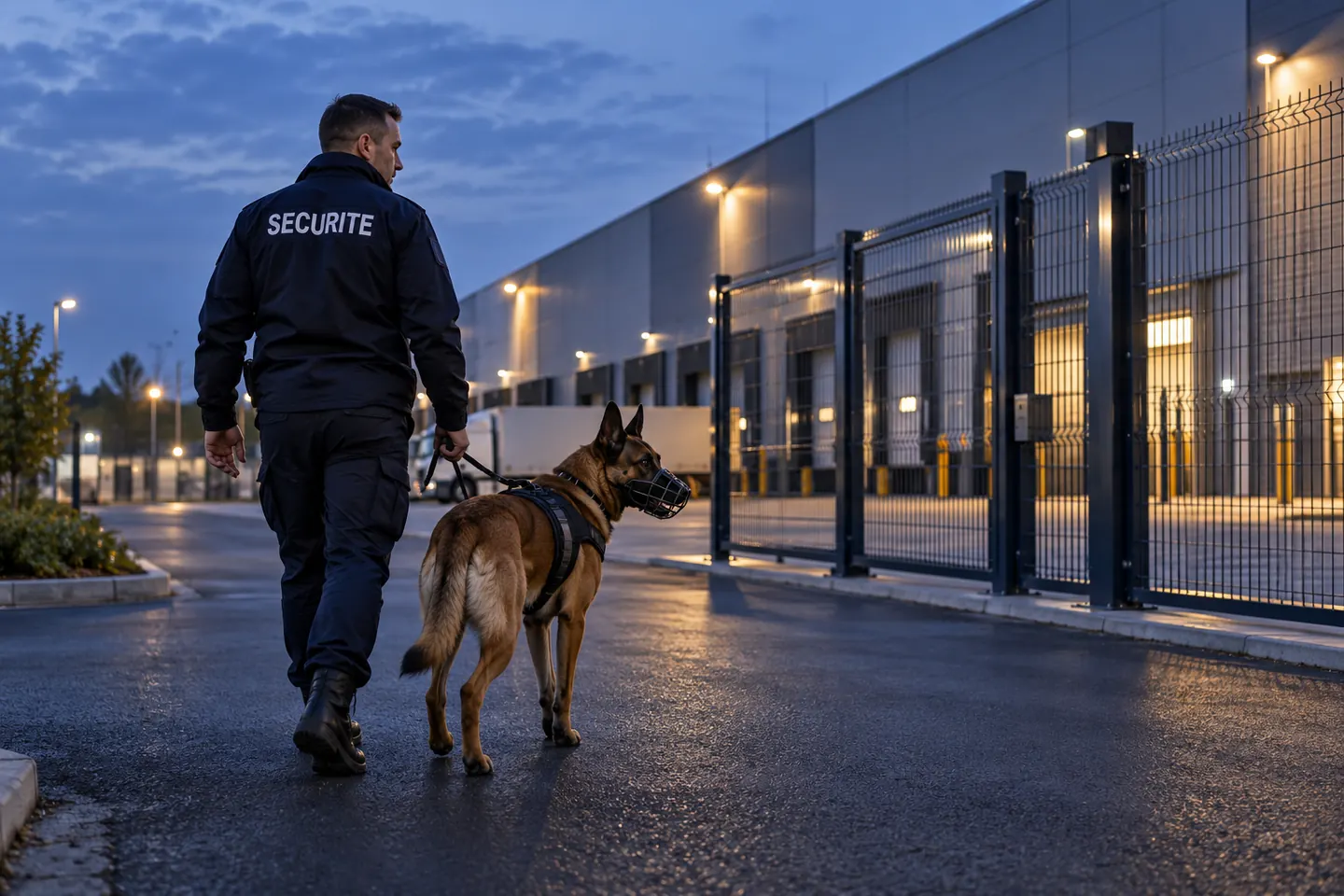 Surveillance cynophile Illustration d’un agent cynophile avec son chien en laisse sur un site clôturé.