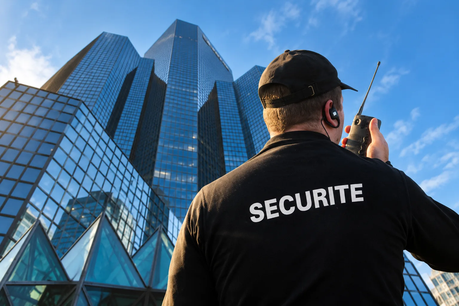 Sécurité privée et sites tertiaires à La Défense Montage d’un agent de sécurité vu de dos, utilisant une radio devant les tours vitrées de La Défense.