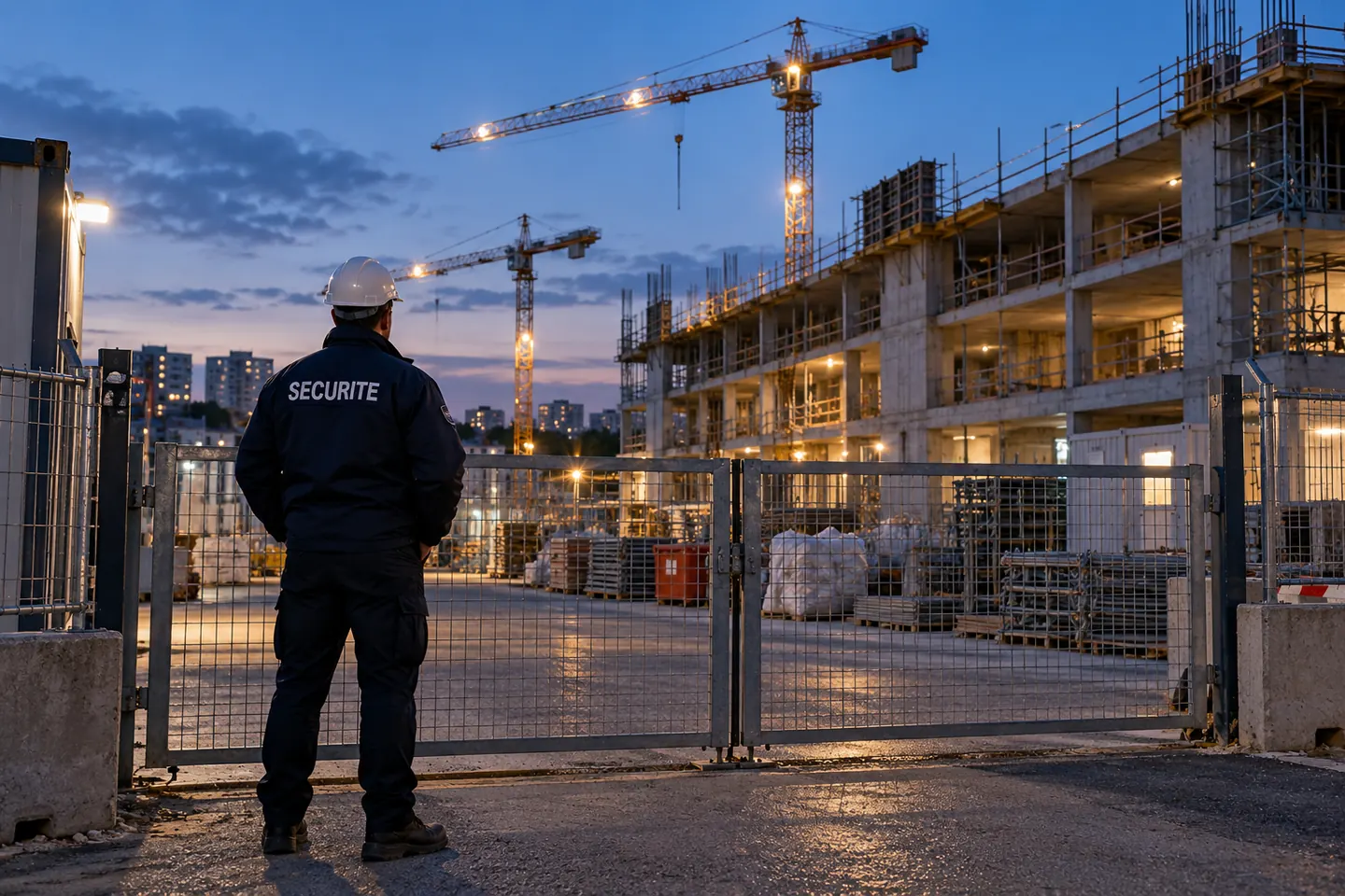 Gardiennage de chantier Illustration d’un agent de sécurité au portail d’un chantier au crépuscule.