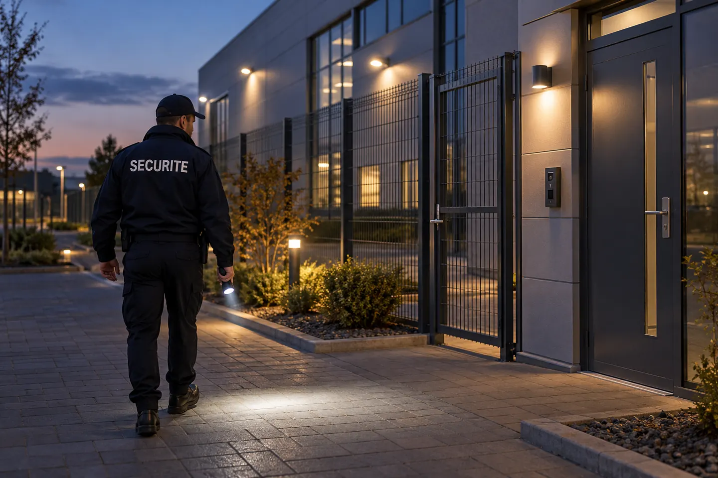 Rondes et contrôle des accès Illustration d’un agent en ronde près d’un bâtiment professionnel.