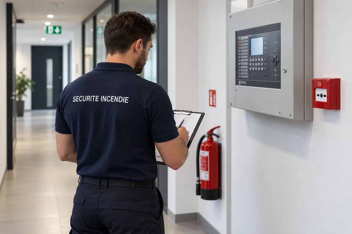 Sécurité incendie SSIAP Illustration d’un agent de sécurité incendie devant un tableau d’alarme.