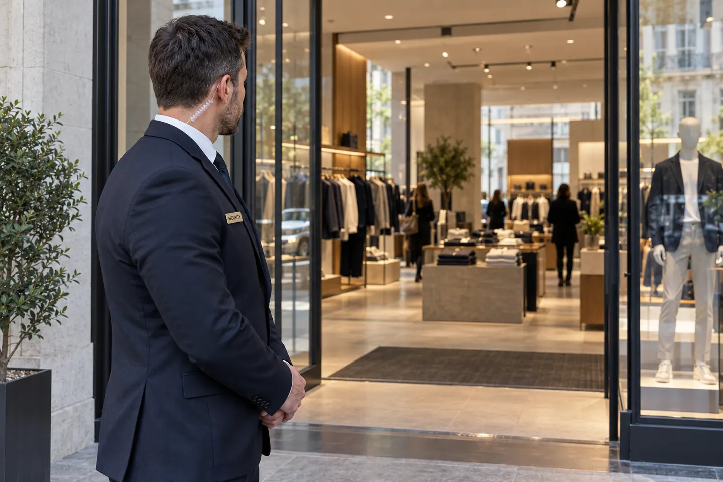 Surveillance des commerces Illustration d’un agent de sécurité à l’entrée d’un magasin.